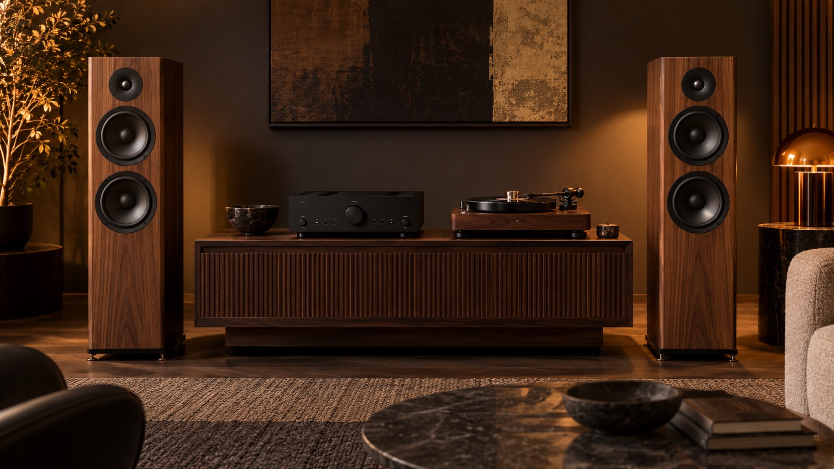Concept di impianto stereo con diffusori, amplificatore e giradischi