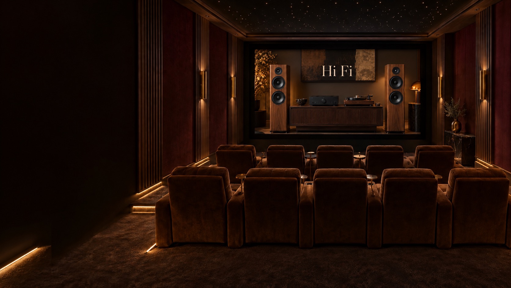 Concept di sala cinema con un impianto stereo e la scritta Hi Fi nello schermo