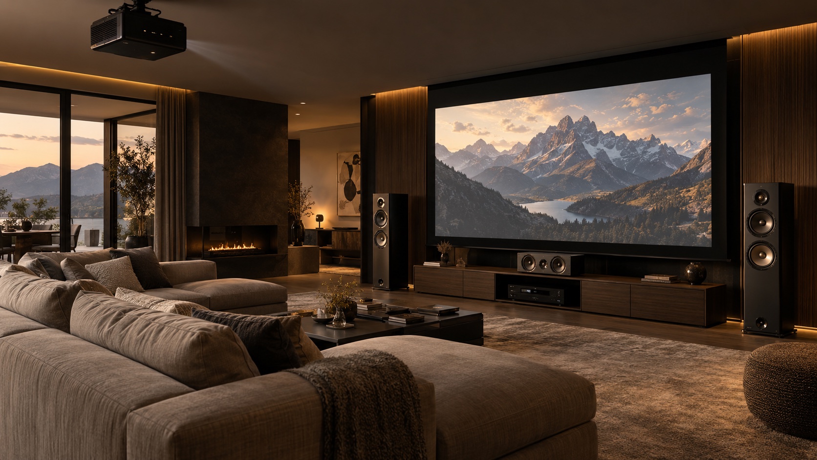 Concept di salone Home Cinema con divano, videoproiettore a soffitto, schermo e diffusori Hi Fi